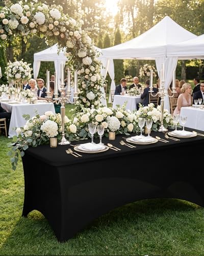 Fixwal 8FT Black Stretch Tablecloth - Fitted Polyester Spandex Cover, Premium Fit for 8 Foot Tables, Variation: Black / 8 Ft / 4