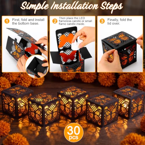 30 Pack Day of the Dead Lanterns with Butterfly Cutout Decorations - Festive Hollow Paper Boxes