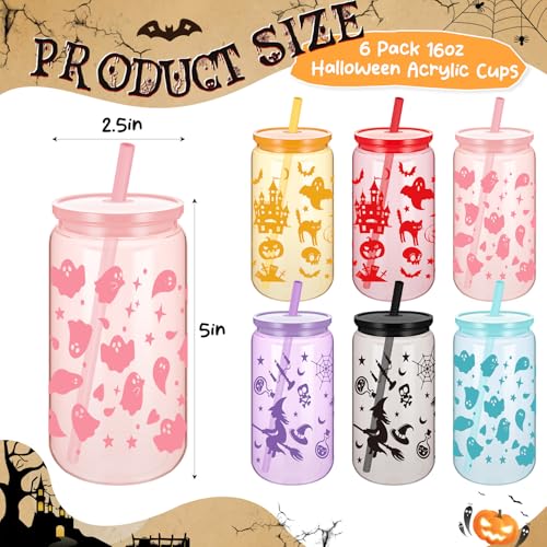 6 Pack Halloween Acrylic Tumblers 16 Oz with Lids & Straws - Festive Drinkware