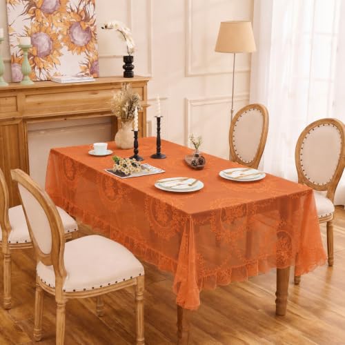 Fall Orange Lace Tablecloth - Vintage Rectangular 55x70 Inches with Ruffled Edge - Raedan