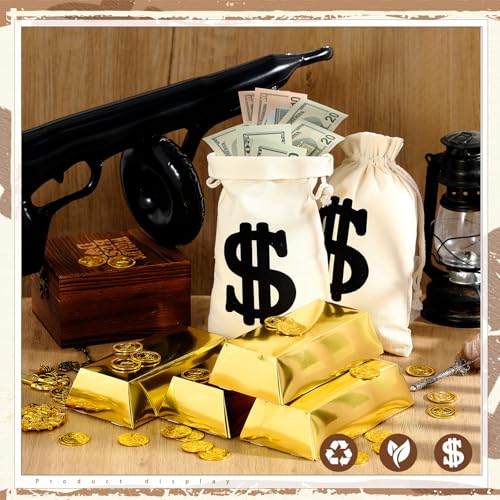 Roaring 20s Party Decorations Set with Canvas Money Bags and Inflatable Gun