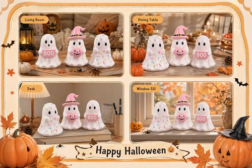 Pink Halloween Ghost Figurines Set of 3 Indoor Table Decor - Spooky Cute Home Accents