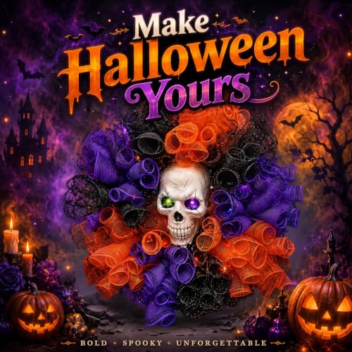 Halloween Wreath with Skull & Color-Changing Lights - 24-inch Decor