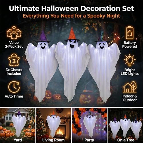 3ft Lighted Hanging Ghost Decorations with Hats - Outdoor Halloween Ghosts Set of 3 with 45 LEDs