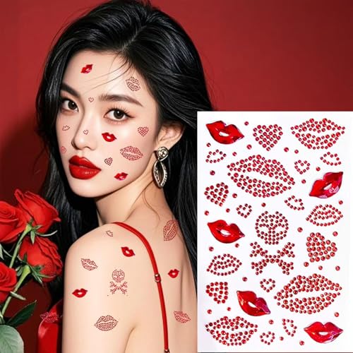 Red-Pink Kiss Face Gems Self-Adhesive Face Stickers for Makeup & Rave