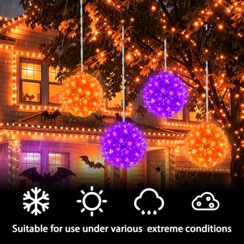 LED Halloween Sphere Lights - 4.2-Inch Purple & Orange Cherry Blossom Ornaments with 16 Modes, Indoor Outdoor Decor (4 Pack)