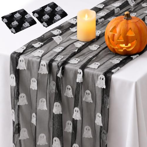 Halloween Mesh Ghost Table Runner Set - Black Sheer Gauze with Silver Glitter 2 Pack
