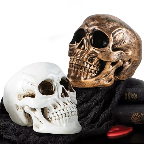 Halloween Skull Statues Set of 2 - Resin Skeleton Heads for Indoor Decor, Gold & White, 7.7 Inch