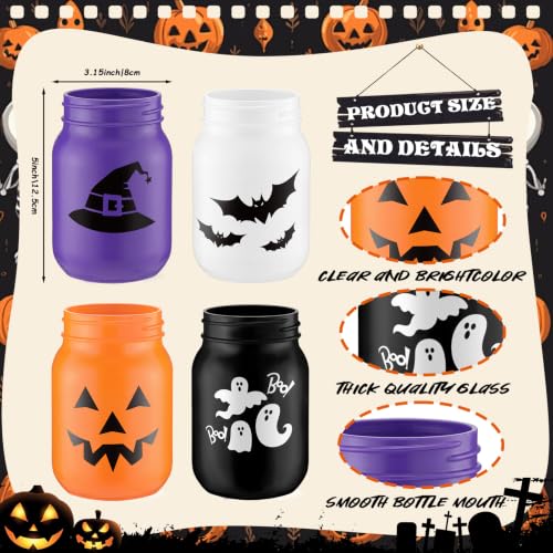 Halloween Mason Jar Centerpieces Set of 4 with Fake Leaves - Spooky Table Decor