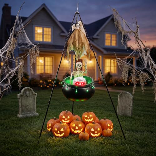 Outdoor Halloween Cauldron Decoration with Skeletons & Green Light - 53" Tripod Frame