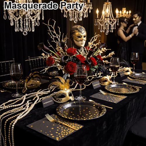 Black Gold Plates and Napkins Set - 25 Guests, Black Golden Dot Variation