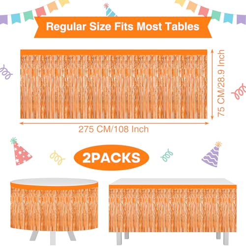 Morcheiong Orange Foil Fringe Tinsel Table Skirts - 2 Pack for Rectangle Tables - Party Decorations