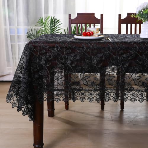 Black Rectangle Lace Tablecloth 104x60 Inches Farmhouse Picnic Cover - Versatile & Elegant
