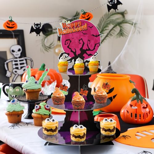 Halloween 3-Tier Cupcake Stand with Red Moon and Tree Design - Horror Theme Dessert Tower