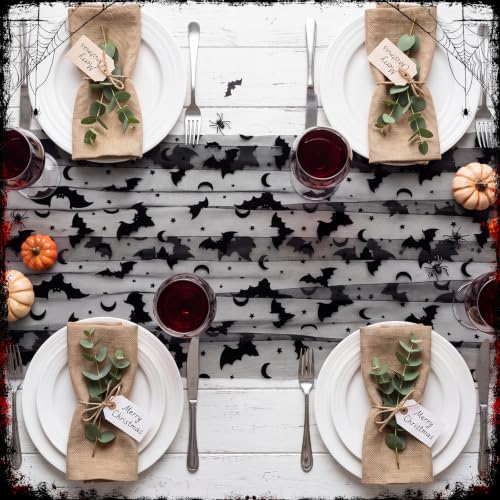 Bat Halloween Table Runner Set - Black Flocked Lace, 3 Pieces, 70x30 Inches
