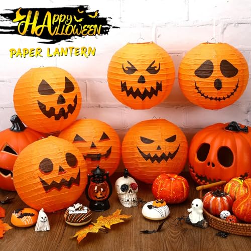 Yellow Halloween Pumpkin Paper Lanterns Set - 12 Pieces, Indoor & Outdoor Decorations