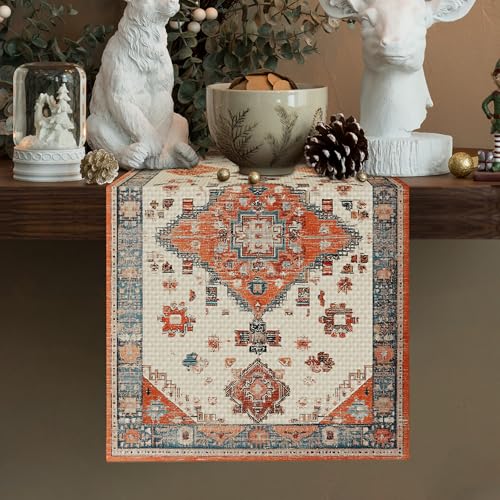 Fall Farmhouse Bohemian Orange Table Runner - Rustic Linen for Dining & Holiday Decor