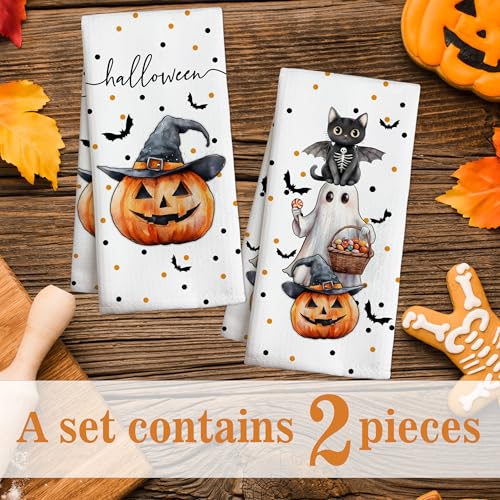 Halloween Kitchen Towels Set of 2 - White Ghost, Black Cat, Pumpkin & Bats Decor