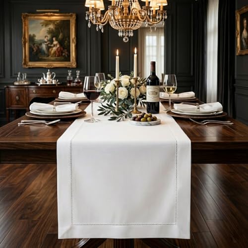 White Linen Table Runner 14 x 120 Inches - Hemstitch European Flax