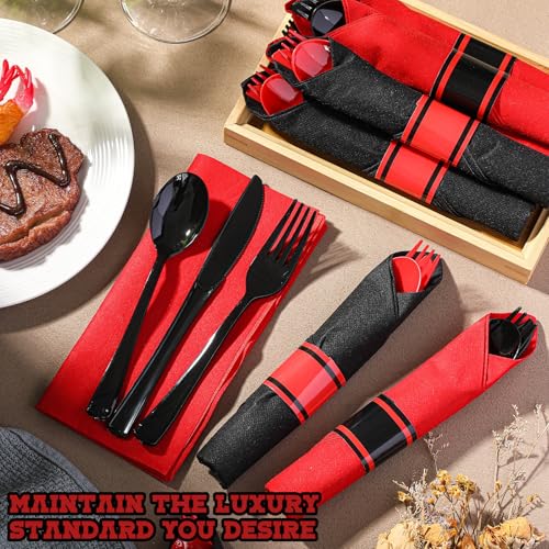 Halloween Pre Rolled Silverware Set - Black and Red Disposable Cutlery - 30 Sets