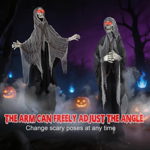 Gray Halloween Skeleton with LED Red Glowing Eyes, Sound & Touch Activated Motion, Body Swaying, Adjustable Arms, 71-Inch