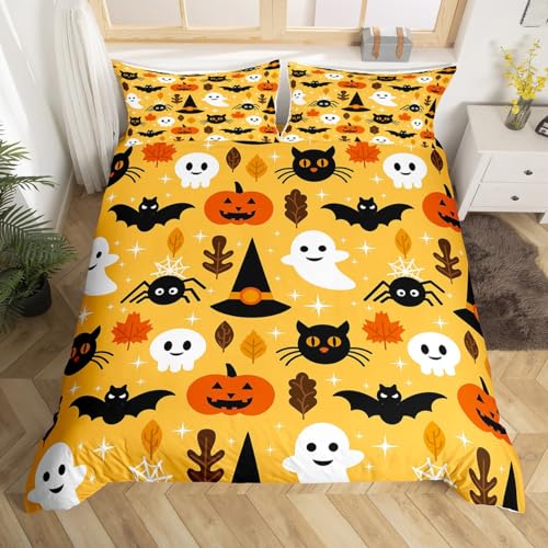 Halloween Cartoon Pumpkin Lantern Bedding Set - Full Size Orange Duvet Cover & Pillowcases, 3 Pieces, Kids Bedroom Decor, Variation 25