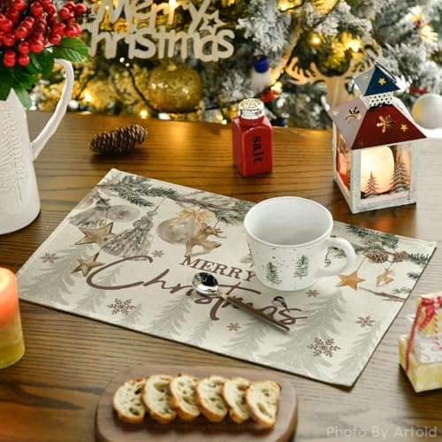 Seasonal Pine Branch Christmas Placemats Set of 4 - 12x18 Inch Rectangular Beige