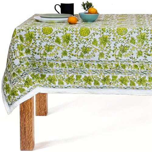 Block Print Table Cloth - Yellow Limegreen 60x108 Inch Cotton Handmade Washable