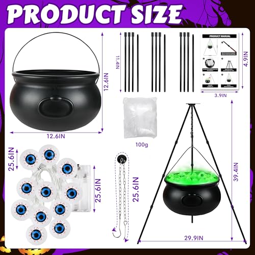 Halloween Witch Cauldron Set with Tripod & Eyeball String Lights - Indoor Outdoor Decor