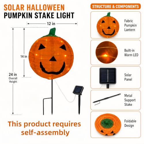 2 Pack Solar Halloween Pumpkin Stake Lights with 8 Modes - Fabric Lantern Yard Decor, Foldable Garden Lights for Lawn Patio Pathway & Party, Variation 2