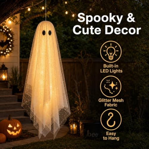 Hanging Ghosts Halloween Decorations with Lights - Set of 3 Indoor Outdoor - Spooky Ghosts for Yard Porch Door
