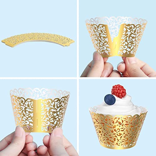 50 Pcs Pearl Lace Laser Cut Wedding Cupcake Wrappers Bright Gold - Elegant Baking Decor