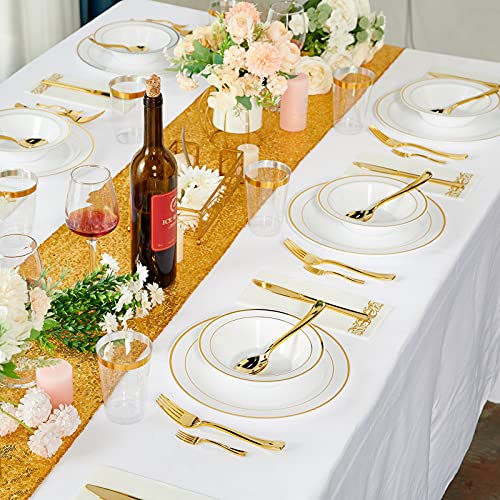 Disposable Plastic Bowls with Gold Rim - 12oz, 100 Pack, Elegant Party Serveware