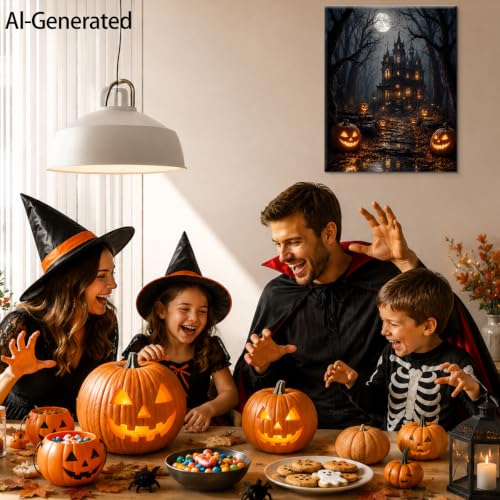 Halloween Haunted House Wall Art - Framed Gothic Pumpkin Forest Scene Art-7