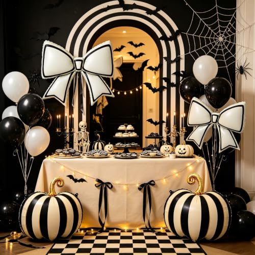 Black White Halloween Foil Balloon Set with Matte Bow & Striped Pumpkins