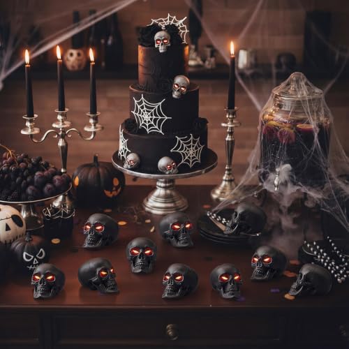 Halloween Skull Decorations - Black Plastic Skeleton Heads, 50 Pack, Mini & Realistic