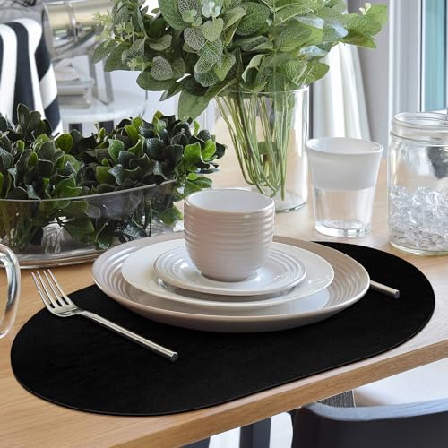 Oval Heat Resistant Placemats Set of 6 - Waterproof & Washable Table Mats, 12x17 Inch, Black
