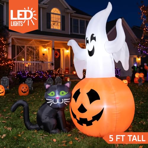 Halloween Inflatable Ghost with Pumpkin and Black Cat - Lighted Yard Decor - 5FT Outdoor Halloween Decoration - White, Orange & Black