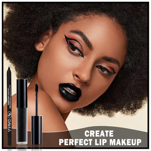 Black Liquid Lipstick and Lip Liner Set for Halloween Makeup - Matte & Waterproof