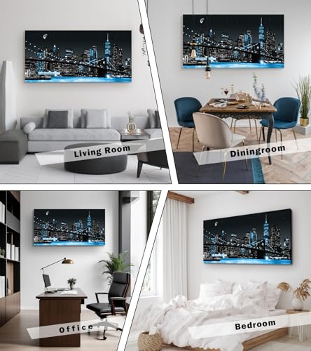 Night View Canvas Wall Art - New York Manhattan Brooklyn Bridge 48x24 Inches Blue Cityscape Framed