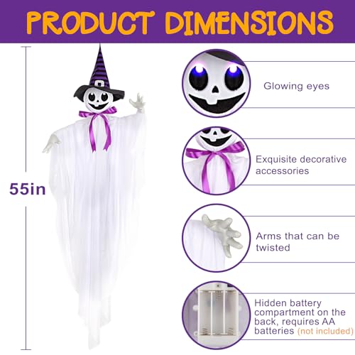 55-Inch Halloween Hanging Ghost with Witch Hat & LED Lights - Animated Spooky Decor