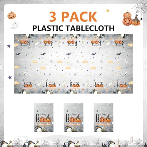 Halloween Baby Shower Tablecloth Set - 3 Pc Neutral Ghost Pumpkin Design - Little Boo