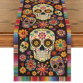 Flowers Sugar Skull Table Runner - Day of The Dead Mexican Decor 13x108 Inch - Red & Blue Variation