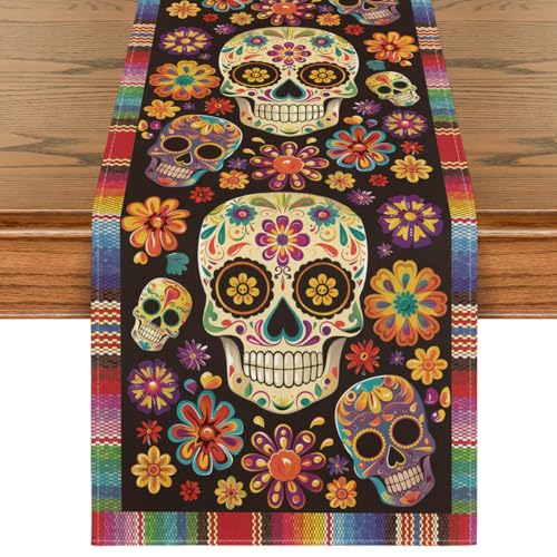 Flowers Sugar Skull Table Runner - Day of The Dead Mexican Decor 13x108 Inch - Red & Blue Variation