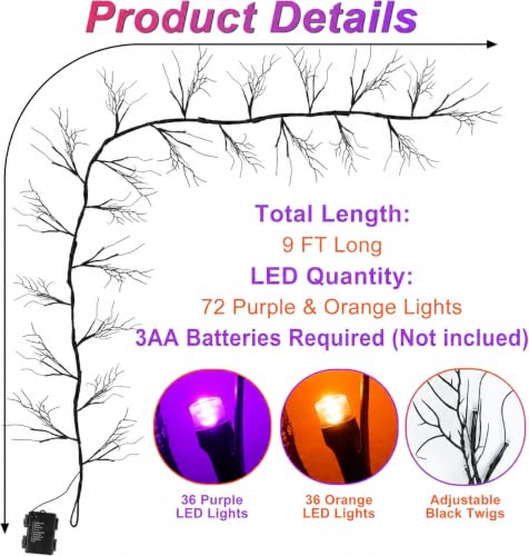 9 Ft Halloween Willow Vine Garland with Orange & Purple LED Lights - Set 1, Black Decor, Timer & 8 Modes
