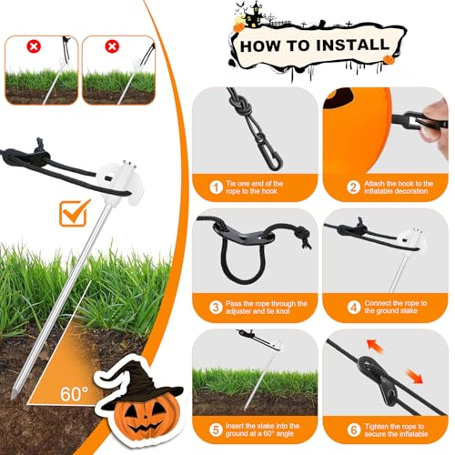 Heavy Duty Inflatable Stakes Set - 60 Pcs Garden Lawn Tie Downs with Hooks & Ropes - Seasonal Decor Security - Variation 60