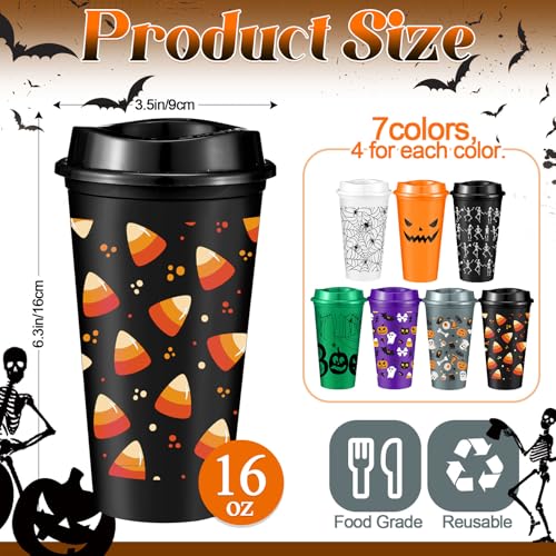 Halloween Reusable Plastic Cups Bulk 16 oz with Lids - Pickmesh 28 Pack Variation