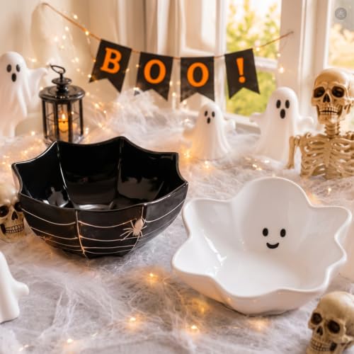 Halloween Ceramic Candy Bowls Set - Ghost and Spider Web Design, 2 Pieces, Black & White