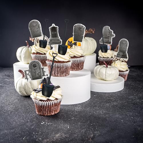 Halloween Cupcake Toppers and Dessert Spoons Set - Tombstone Graveyard Decorations for Parties