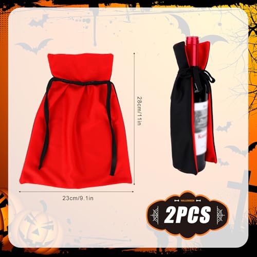 Halloween Vampire Cape Wine Bottle Covers - Reversible Knit Fabric Decorations, Set of 2